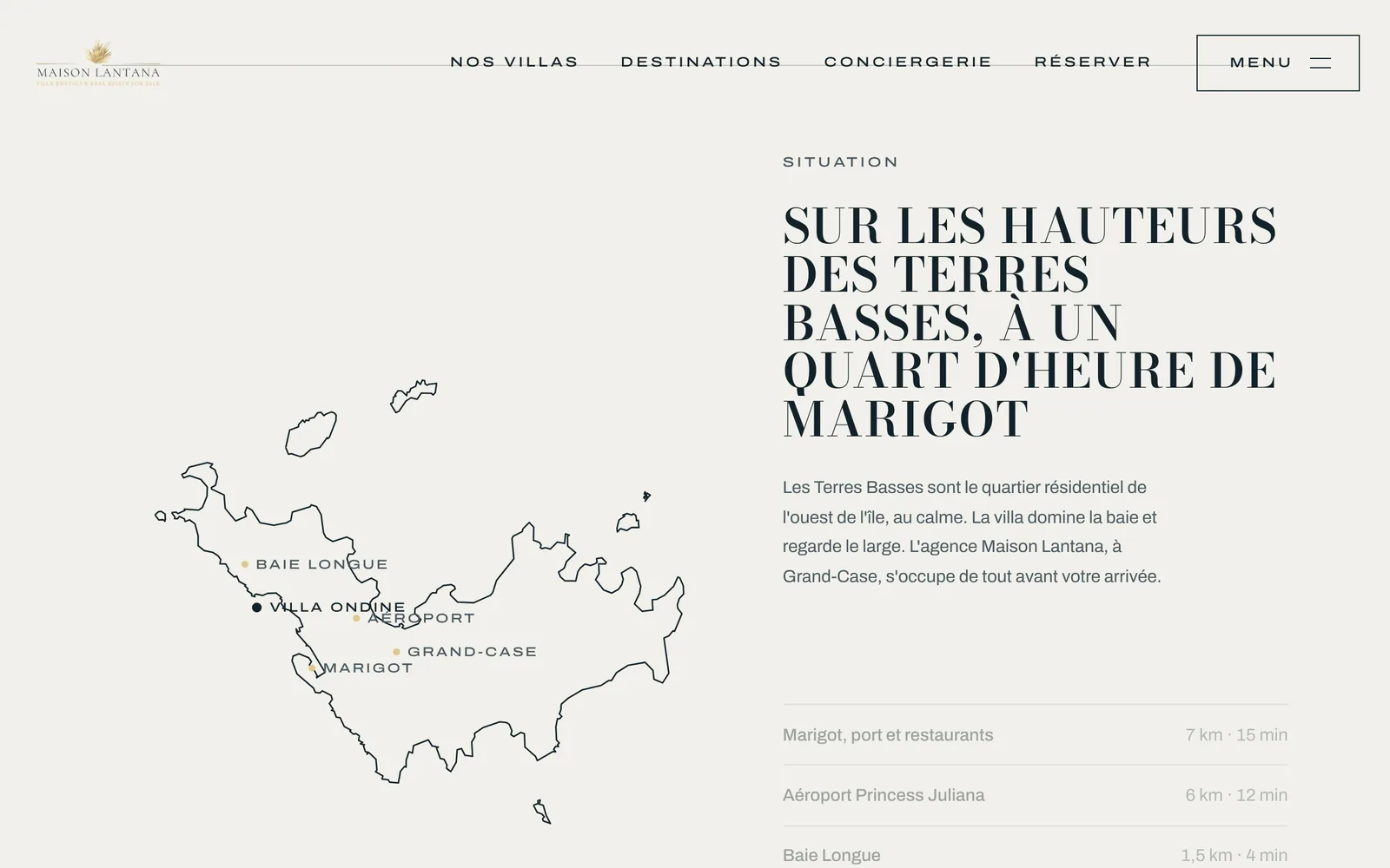 La situation de la villa sur la carte, avec les temps de trajet