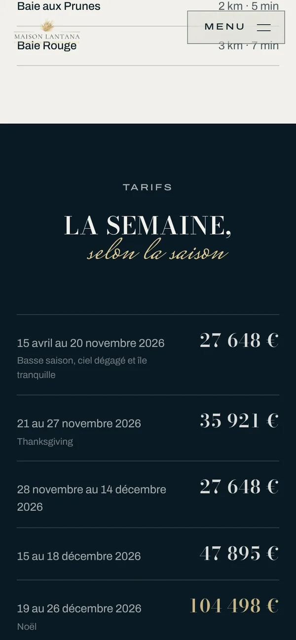 Les tarifs de la semaine selon la saison, sur téléphone